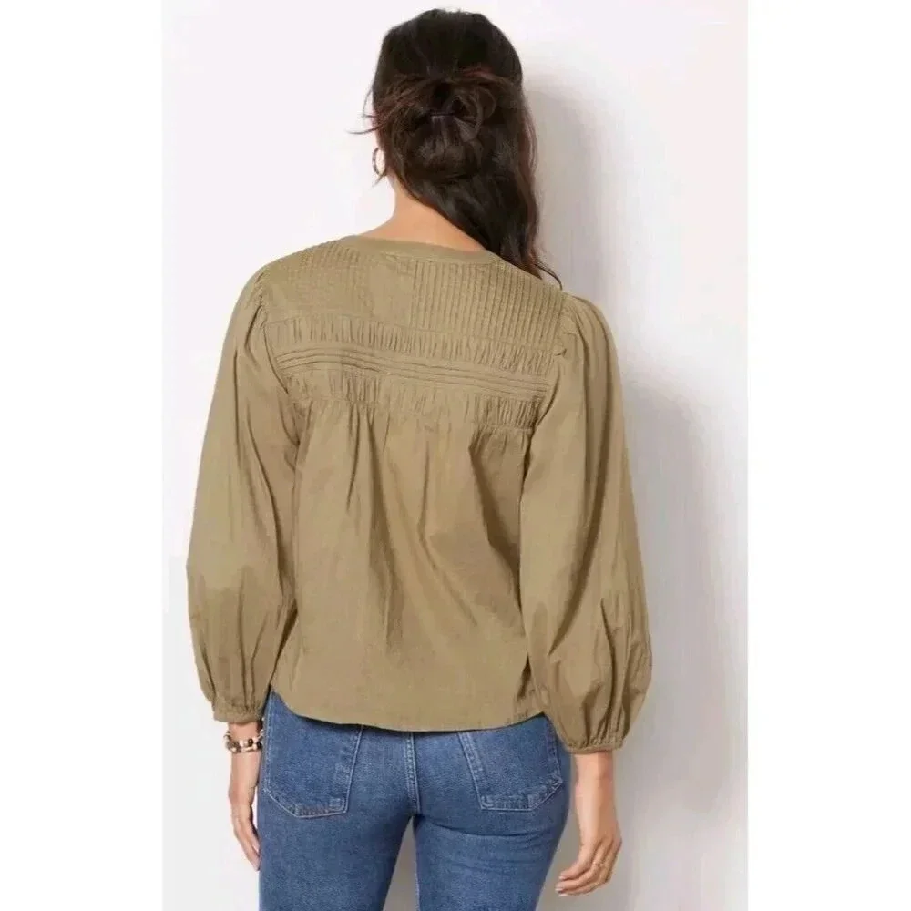 Cleobella River Pintuck Cotton Puff Sleeves Button Up Olive Green Blouse Top S - Picture 2 of 10